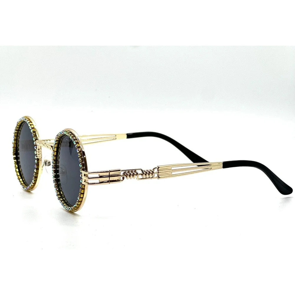 Sunglasses Gold Steampunk Rhinestone Christal 80's‎ 90's Black Fashion Vintage